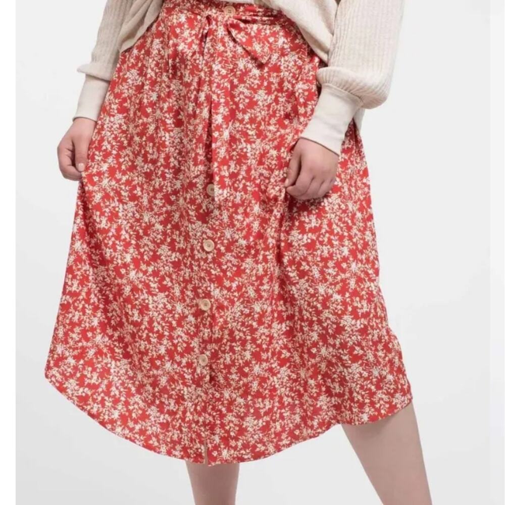 Perch by Blu Pepper Red Floral Midi Skirt Large Button Down Boho Cottagecore - Picture 10 of 11